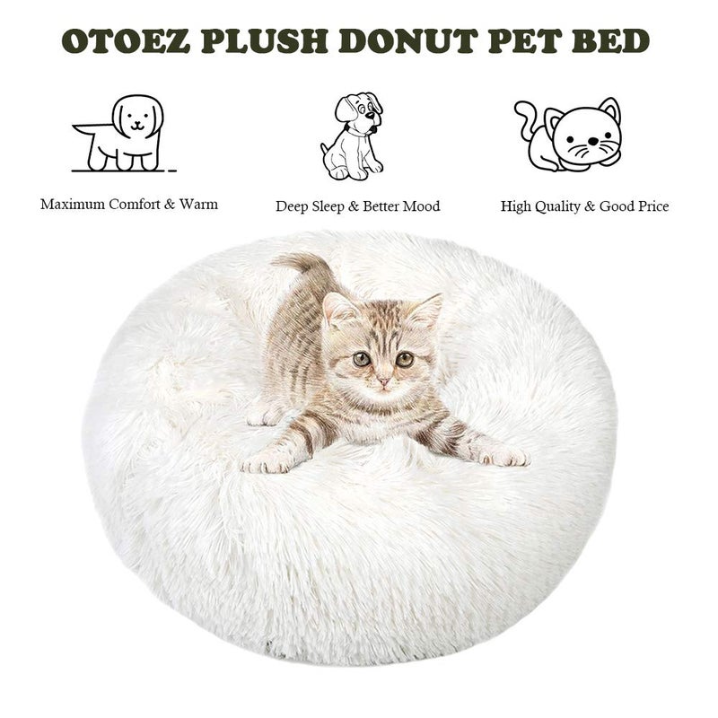 otoez Kitten Puppy Bed Extra Small XS Round Dog Cat Beds Anti Anxiety Plush Pet Calming Donut Bed with Non-Slip Waterproof Bottom, Washable (15.7", White) - Image 3
